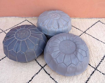 Gray leather pouf with gray stitching Multi Color - Gray moroccan pouf - luxury ottomans footstools Leather pouf - handmade poof