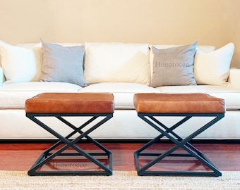 Set Of 2 Rectangle Genuine Leather Seat With Iron Base - Handmade Genuine Leather Ottoman Stools