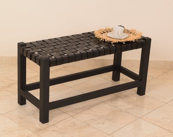 Leather wooden Bench - Woven Farmhouse Bench with Black wood