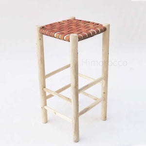 Leather Woven Counter Height Stool Kitchen Wooden Barstools - Bar Stool with Beam Footrest