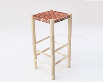 Leather Woven Counter Height Stool Kitchen Wooden Barstools - Bar Stool with Beam Footrest