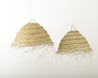 Boho suspension in natural fiber - Handmade light suspension - Doum ball suspension in esparto with fringes - Halfa fiber suspension