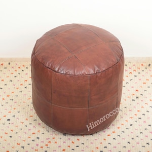 Dunkelbrauner runder Leder Pouf Bezug, marokkanischer runder Leder Pouf Tan, ungefütterter Pouf, Poufs Fußhocker, Luxus Ottomans Fußbänke,