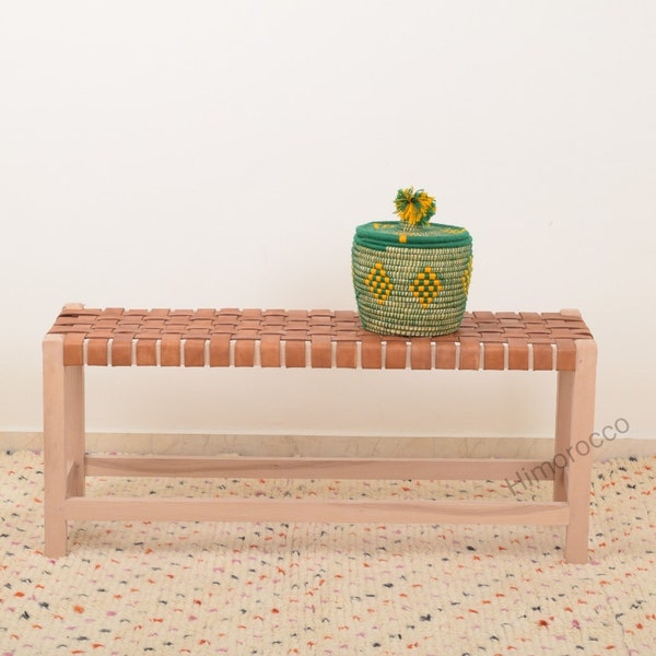 Handmade Genuine Leather Solid Wood Bench - Woven Farmhouse Bench