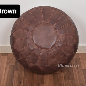 Pouf Marocain en Cuir Véritable Naturel - Housse Brodée à la