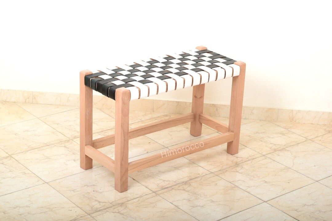 Cheesy Bench Chess Leather Bench , Handmade Genuine Leather Solid Wood Bench - Woven ...