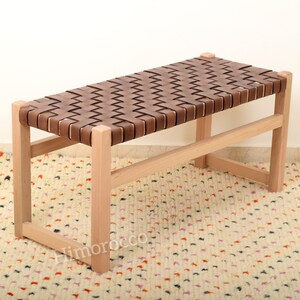 Handmade Genuine Leather Solid beech Wooden Bench Woven Farmhouse Bench image 3