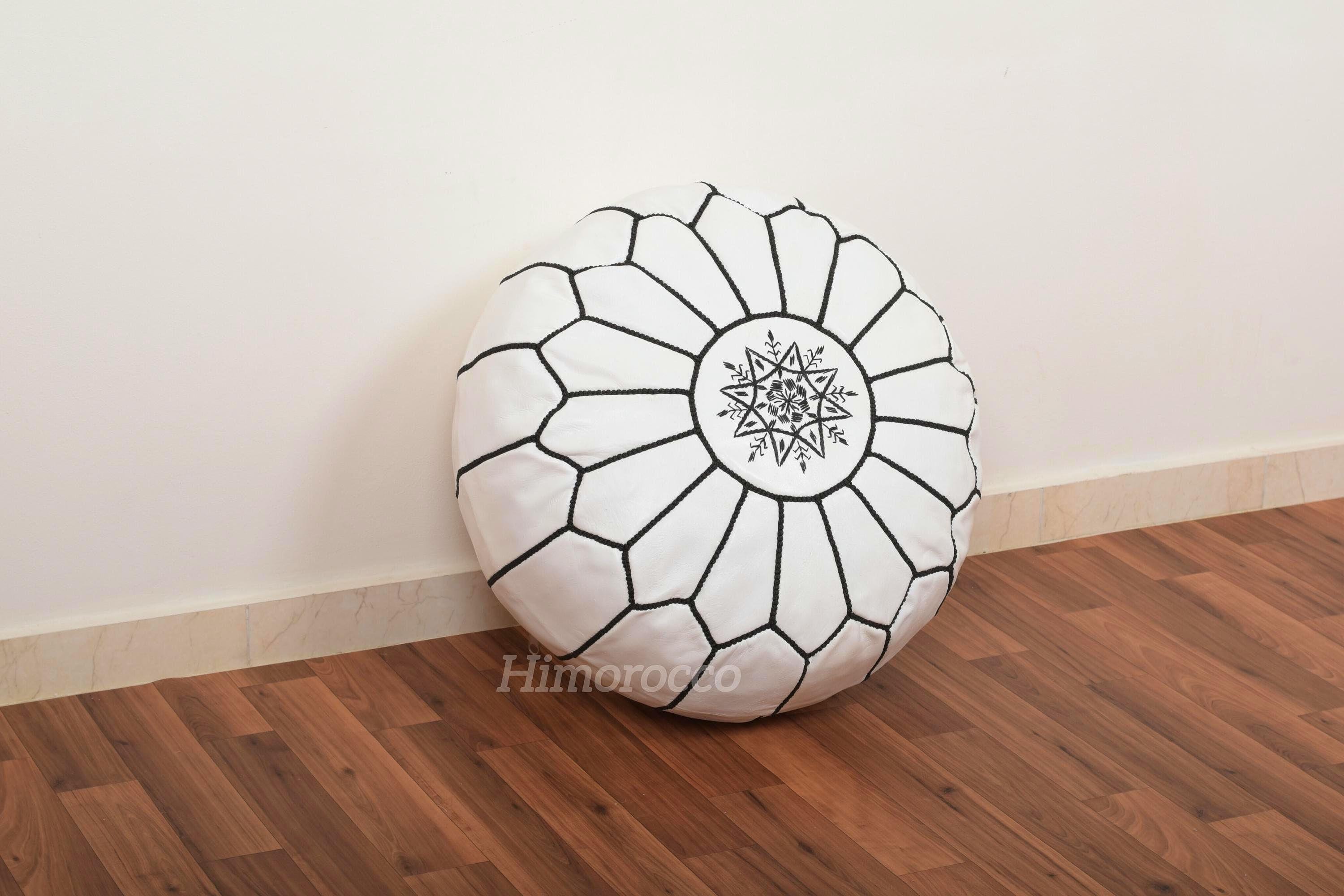 White Moroccan Leather Pouf with multi Stitches, ottoman pouf