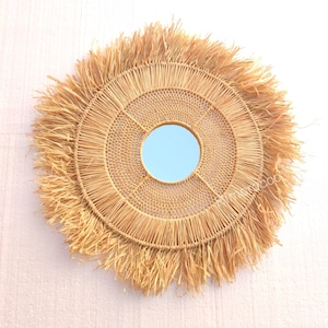 Boho Mirror Wall Decor - Handmade Round Shape Raffia Mirror