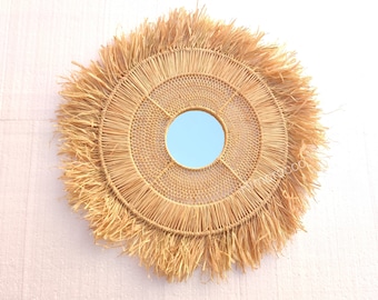 Boho Mirror Wall Decor - Handmade Round Shape Raffia Mirror