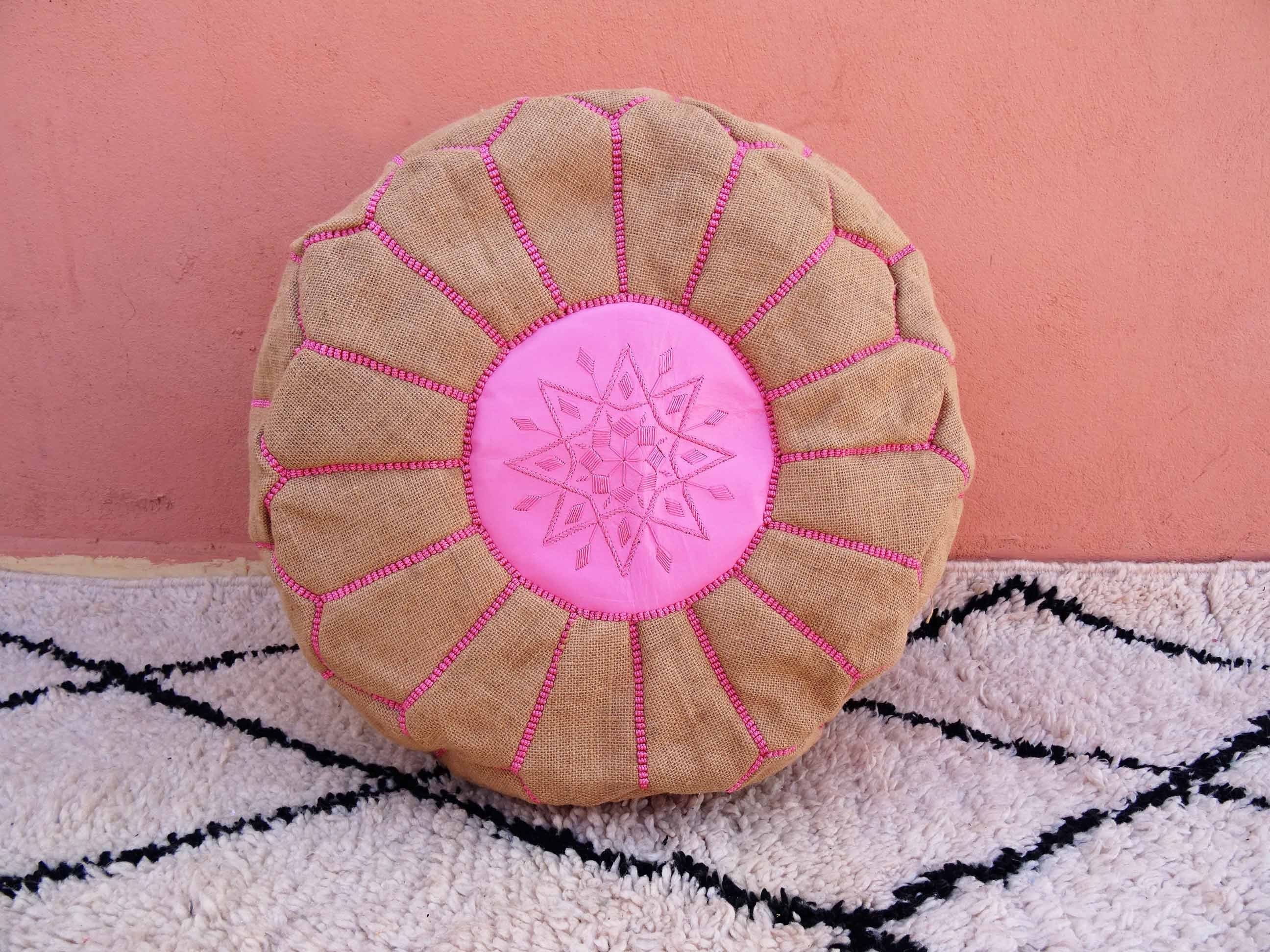 Leather and Jute Moroccan Pouf Natural Ottoman Footstool Etsy