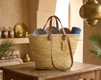 Natural Straw Basket with leather strap - French straw beach bag