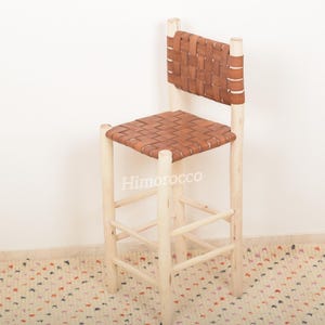 Leather Woven Counter Height Stool Kitchen with back - Wooden Barstools - Bar Stool with Beam Footrest