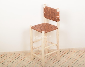 Leather Woven Counter Height Stool Kitchen with back - Wooden Barstools - Bar Stool with Beam Footrest