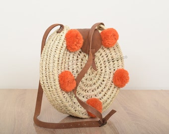 Round Woven Straw Bag with Leather Strap - straw crossbody bag with pompom