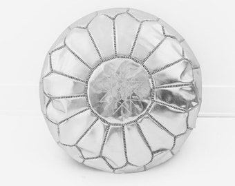 Pouf marocain métallique rembourré - pouf marocain argenté - pouf fait à la main - pouf déco marocain - tabourets ottomans de luxe (argent)