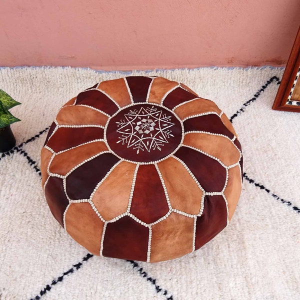 Pouf en cuir marocain rembourré à l'huile - Cuir véritable fait main - Pouf repose-pieds ottoman - Pouf 100 % cuir naturel véritable - Pouf vintage