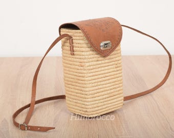 Woven Raffia Bag with Leather Strap - Raffia Crossbody Bag