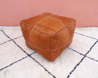 Quadratischer Luxus Ottomans Leder Pouf, ungepolsterter Pouf, quadratischer Leder Pouf Tan, marokkanischer Fußhocker, marokkanischer handgemachter Pouf