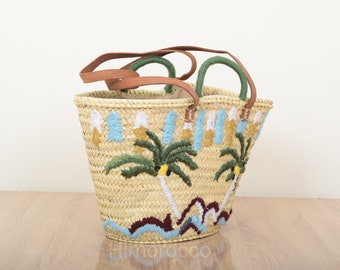 Naturel Strohkorb mit Lederband mit handgewebtem Baumwolldesign, französische Stroh Strandtasche-
