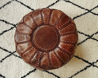 Tan Moroccan Leather Pouf - Ottoman Footstool Hassock 100% real Natural Leather pouffe - handmade brown pouf
