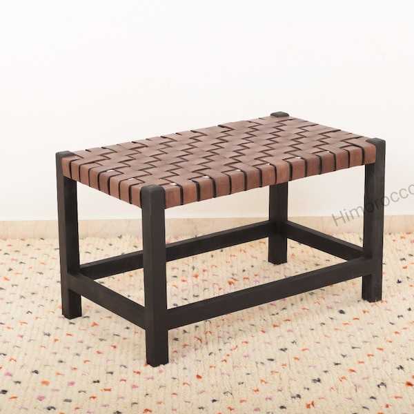 Leather wooden Bench - Woven Farmhouse Bench with Black wood