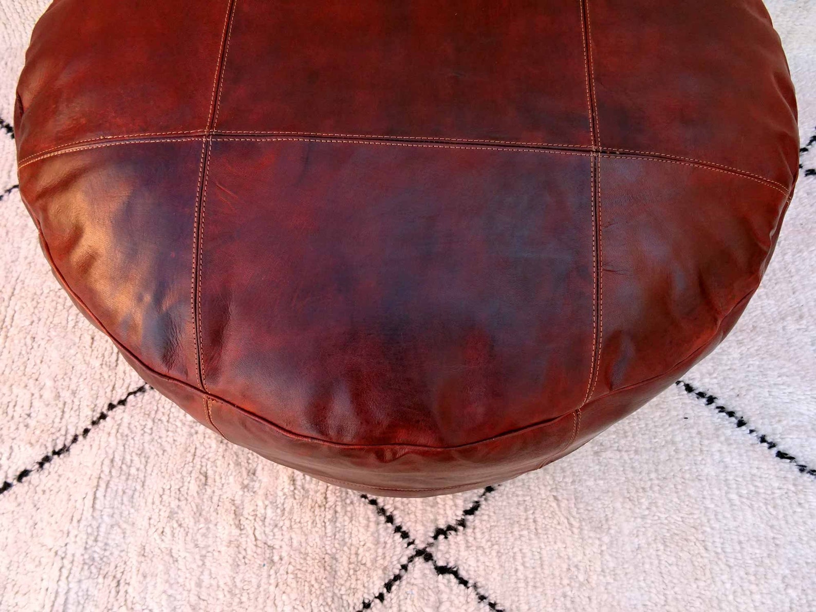 Dark Brown Round Leather Pouf Cover Moroccan Handmade Round Etsy