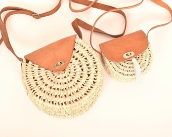Bolso bandolera de cuero y hoja de palma hecho a mano (correa de cuero)