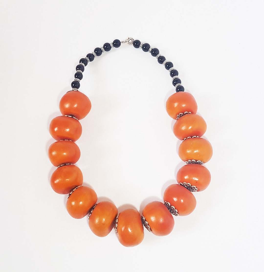 Collier Long Vintage Imitation Ambre - 72 Cm, Très Bon état