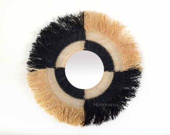 Runder Wandspiegel aus Bast in Naturelfaser und schwarzer Farbe