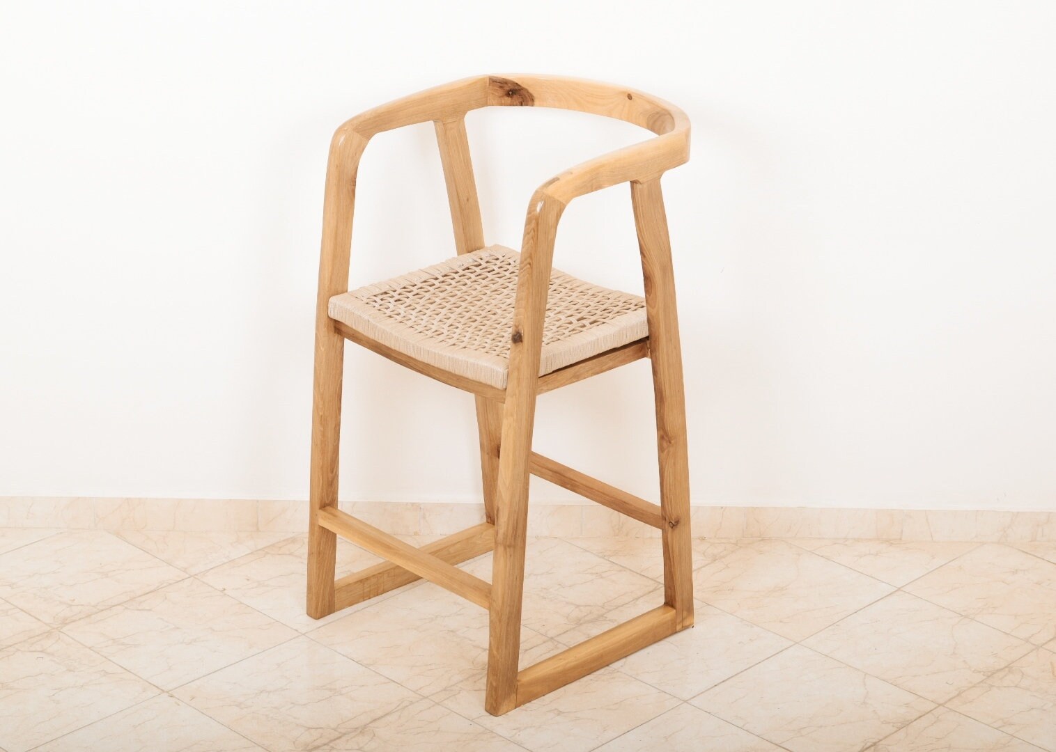 Kitchen Bar Stool made in walnut wood and Natural fibre seat - High Bar Chair with Armchairs