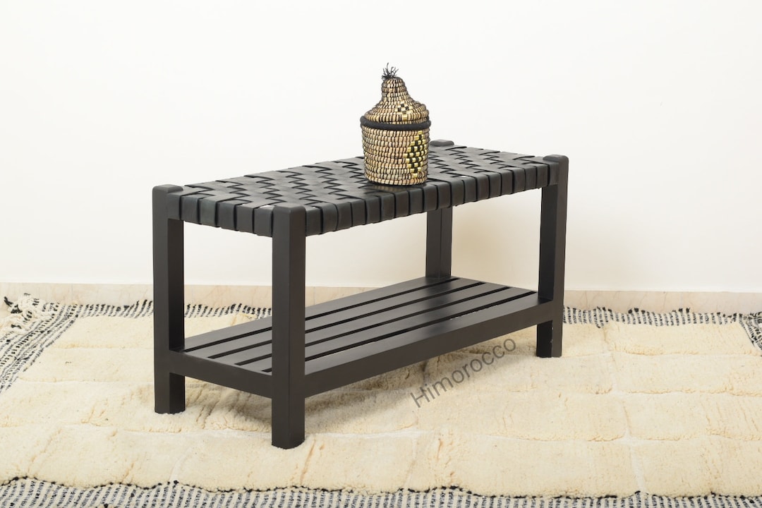 Leather Strap Bench With a Shelf Below for Storage . Black Wooden Bench