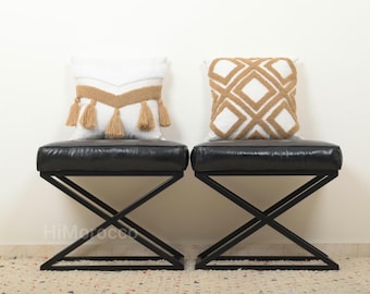 Set Of 2 Rectangle Genuine Leather Seat With Iron Base - Luxury Handmade Genuine Leather Ottoman Stools