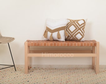 Handmade Genuine Leather Solid Wood Bench - Woven Farmhouse Bench