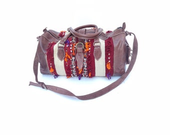 Sac de sport en cuir berbère Kilim marocain vintage - Sac de sport Kilim vintage marocain - Sac en cuir véritable