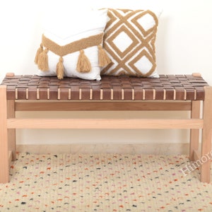 Handmade Genuine Leather Solid beech Wooden Bench Woven Farmhouse Bench image 1