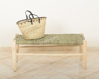 Moroccan Bench In Braided Palm Leaves - Woven Farmhouse Bench