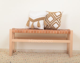 Handmade Genuine Leather Solid Wood Bench - Woven Farmhouse Bench