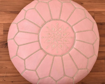 Stuffed Pink leather pouf  with top embroidery,moroccan Leather pouf