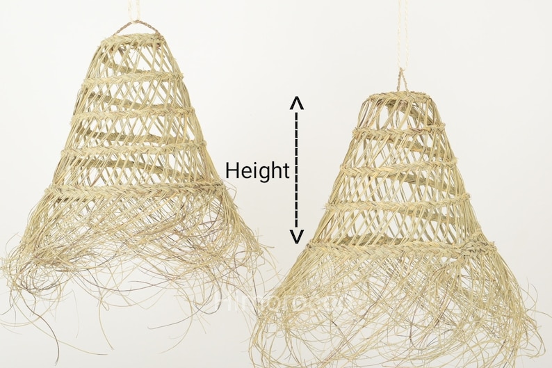 May include: Two natural woven pendant lights with a fringe detail. The lights are hanging from a white ceiling. The word "Height" is written on the image.