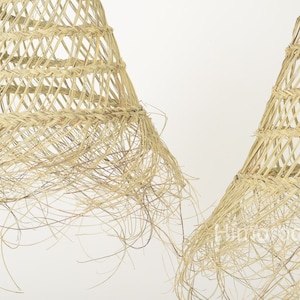 May include: Two natural woven pendant light shades with a fringe detail. The shades are made of a light brown material and have a conical shape.