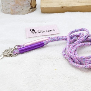 Op de afbeelding: Een gevlochten hondenriem in tinten paars, roze en blauw. De riem heeft een zilverkleurige sluiting en een handvat met paarse en roze accenten. Een klein label met de tekst "Pawlicious" is ook zichtbaar.