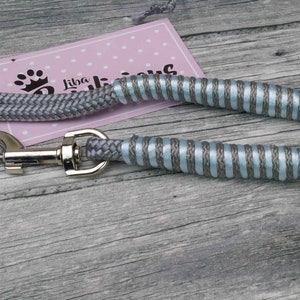 Könnte beinhalten: Eine graue Hundeleine aus Seil mit einem silbernen Karabinerhaken und einem hellblauen und grauen, gestreiften Griff. Die Leine liegt auf einer Holzoberfläche.