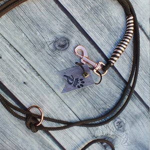 Könnte beinhalten: Eine braune Hundeleine aus Seil mit einem roségoldenen Metallverschluss und einem Ring. Die Leine ist auf einer Holzoberfläche aufgewickelt.