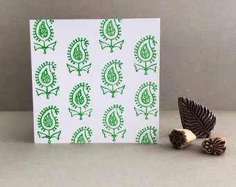 Hand printed card using vintage Indian print blocks in apple green