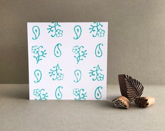 Hand printed card using vintage Indian print blocks in turquoise