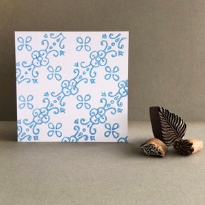 Hand printed card using vintage Indian print blocks in pale blue