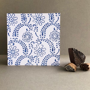 Hand printed card using vintage Indian print blocks in blue