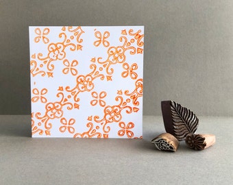 Hand printed card using vintage Indian print blocks in orange