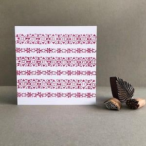 Hand printed card using vintage Indian print blocks in hot pink